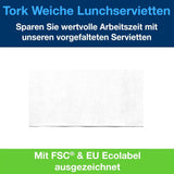 Tork Servilleta suave para el almuerzo blanca, pliegue 1/8, 3 capas, 33 cm × 33 cm, 150 servilletas, 477416