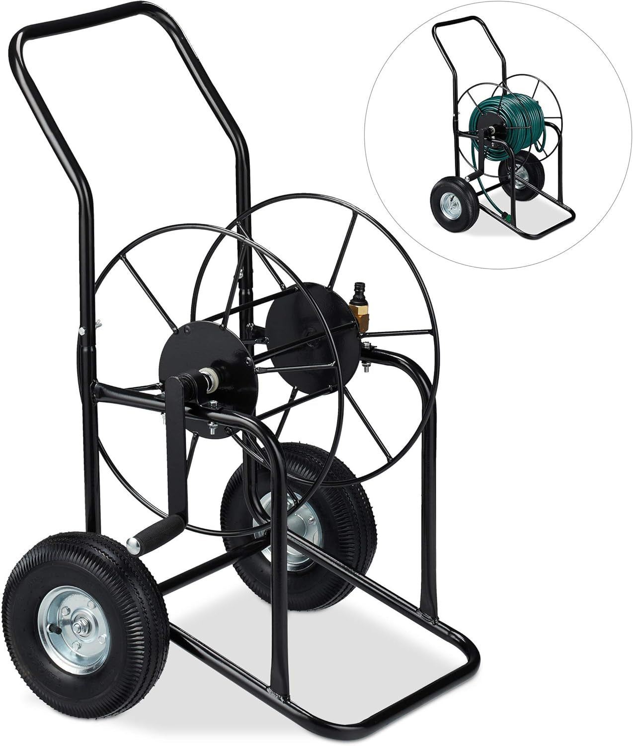 Relaxdays Carro portamangueras, enrollador de mangueras móvil, conexión de 1/2" y 3/4", manguera de hasta 80 m, 2 ruedas, metal, negro