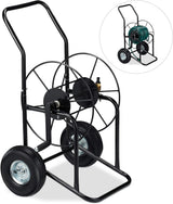 Relaxdays Carro portamangueras, enrollador de mangueras móvil, conexión de 1/2" y 3/4", manguera de hasta 80 m, 2 ruedas, metal, negro