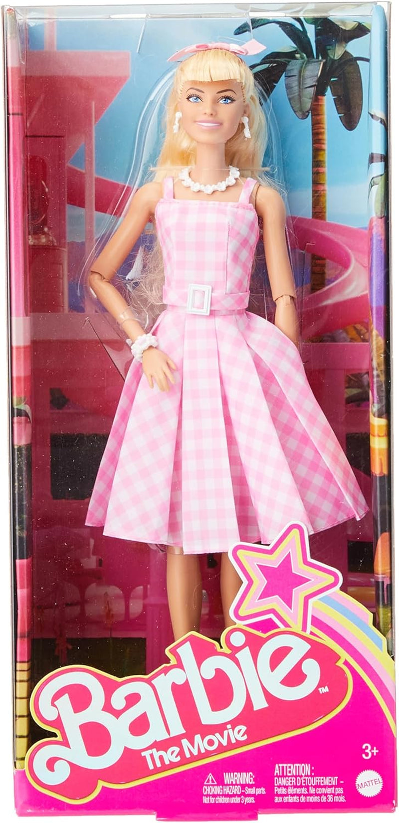 Muñeca Barbie La Película Muñeca con Vestido Rosa y Blanco y Collar de Margaritas Margot Robbie Juguete Coleccionable para 3 Años HPJ96