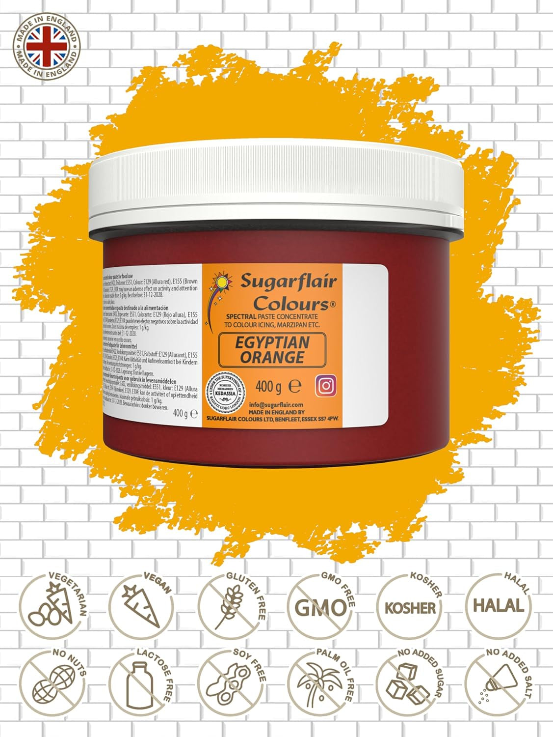 Sugarflair Colorante alimentario para pasta, Naranja egipcia, Colorante alimentario para pasta, fondant y mazapán, Colores concentrados espectrales - 400 g