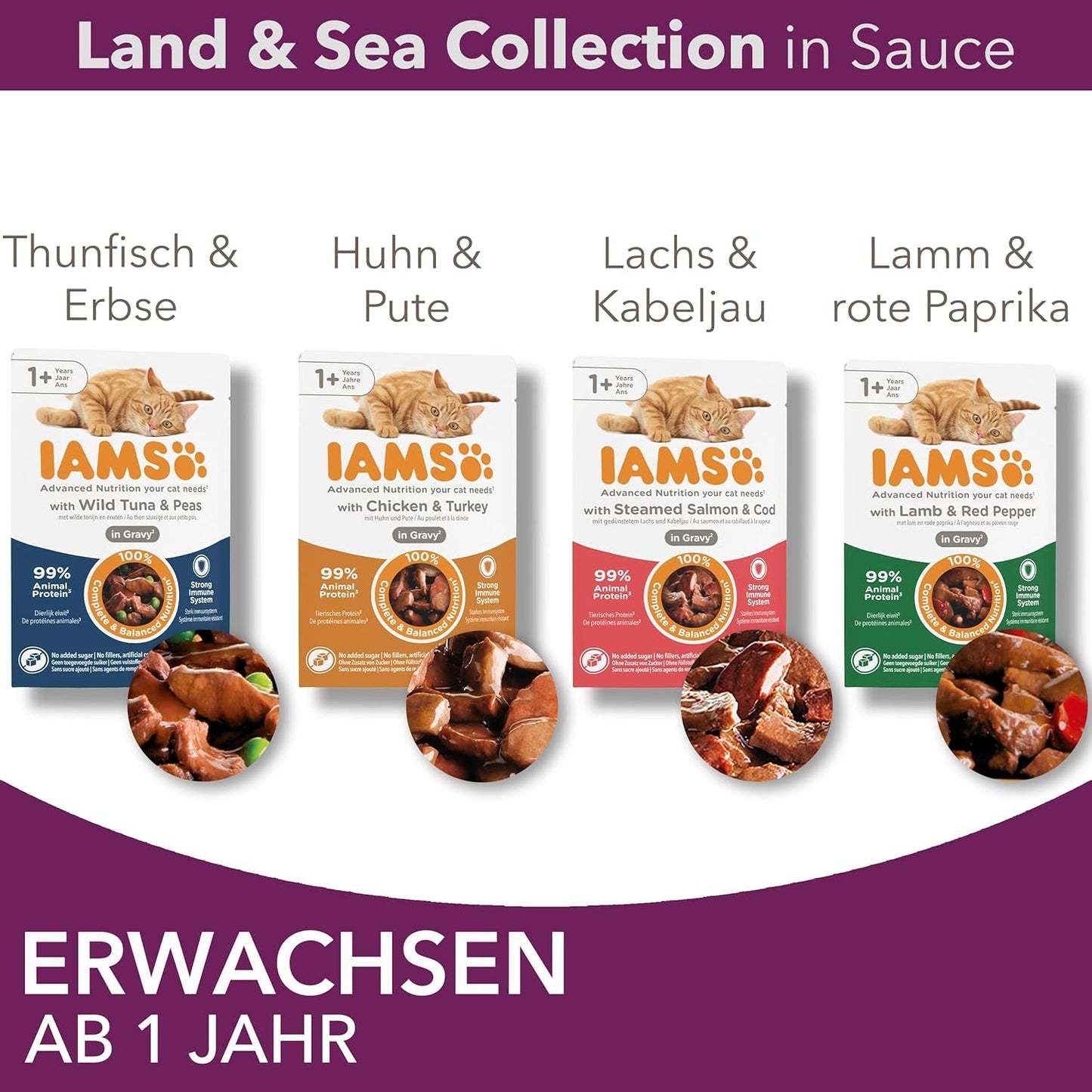 IAMS Delights Land & Sea Collection Comida Húmeda para Gatos - Surtido de Carne y Pescado Multipack en Salsa, Comida Húmeda para Gatos de 1 Año y Más, 12 x 85 g