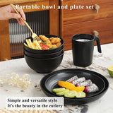 Berglander Juego de vajilla de plástico negro de 24 piezas para 6 platos y cuencos reutilizables, incluidos platos llanos, platos de postre, cuencos de cereales y tazas para el hogar, el jardín y el picnic