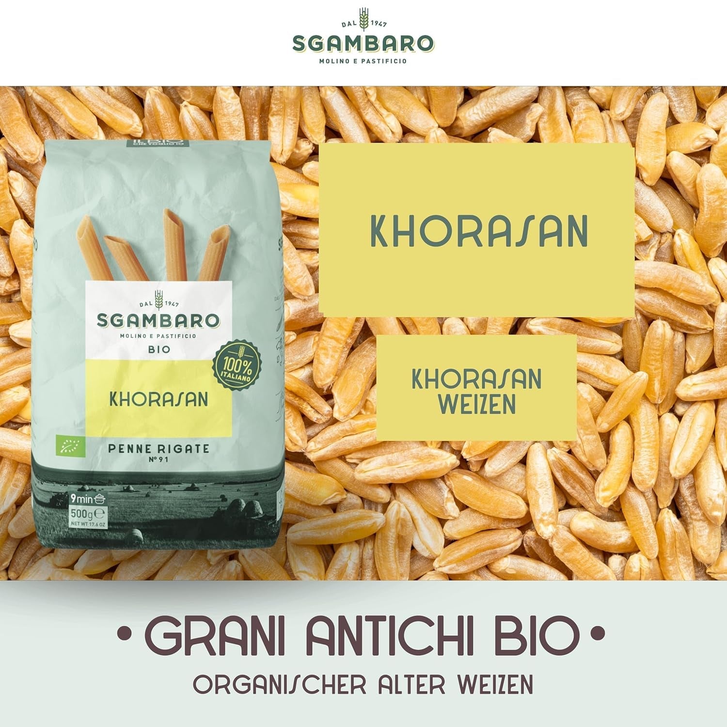 Pasta Penne Rigate Bio N.91 - 500g de Trigo Khorasan - Trigo antiguo, rico en proteínas, 100% cultivado en Italia - Versátil en la cocina y rico en nutrientes