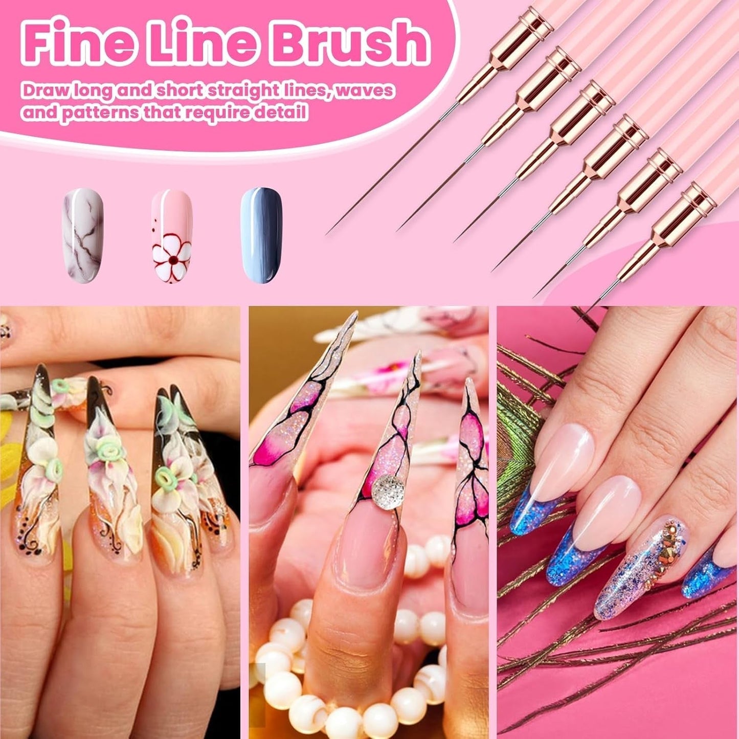 6 Stück Liner Nailart Pinsel Nageldesign Pinsel Set Dünn Acryl Nagelpunkt-Zeichenwerkzeug Nägel Dünne Nagelpinsel Set para Lange Linien, Dünne Detalles, Feines Zichnen 5/7/9/11/15/25 Mm (Rosa)