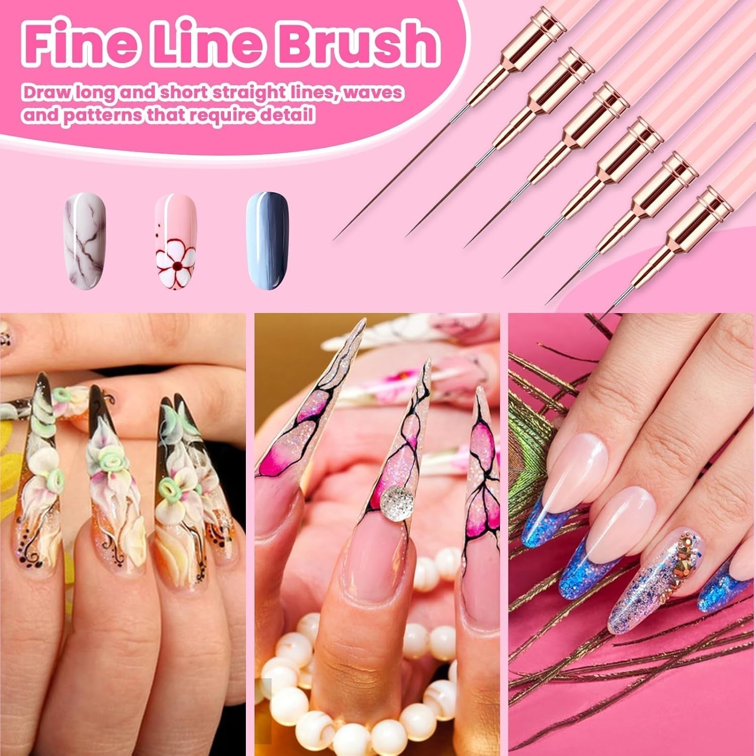 6 Stück Liner Nailart Pinsel Nageldesign Pinsel Set Dünn Acryl Nagelpunkt-Zeichenwerkzeug Nägel Dünne Nagelpinsel Set para Lange Linien, Dünne Detalles, Feines Zichnen 5/7/9/11/15/25 Mm (Rosa)