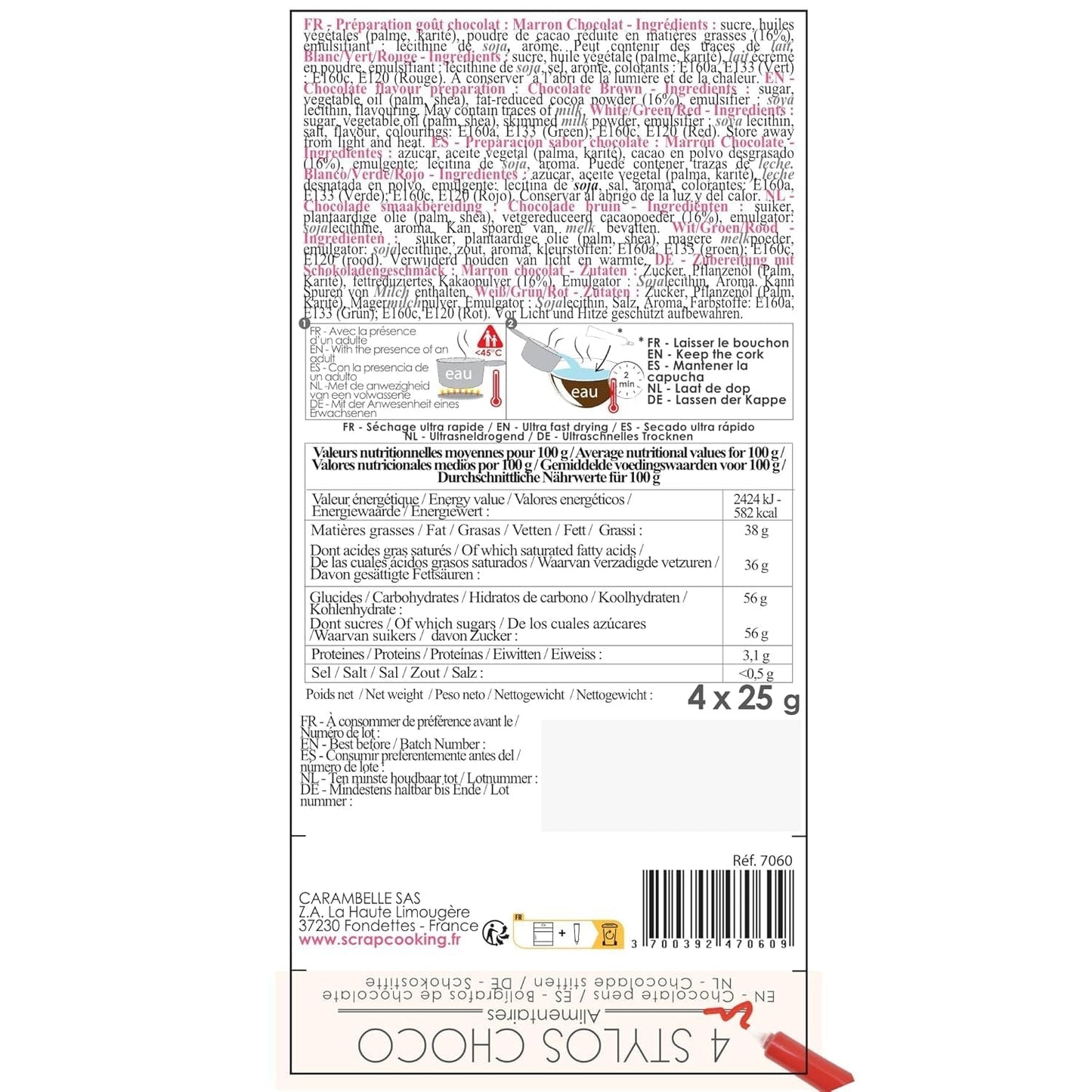 Scrapcooking - Juego de 4 Lápices de Colores Chocolate Navideño - Marrón, Blanco, Verde y Rojo - Colorante Comestible - Colorante Alimentario para Escribir - Escribir y Dibujar sobre Postres, Tartas y Galletas - 7060