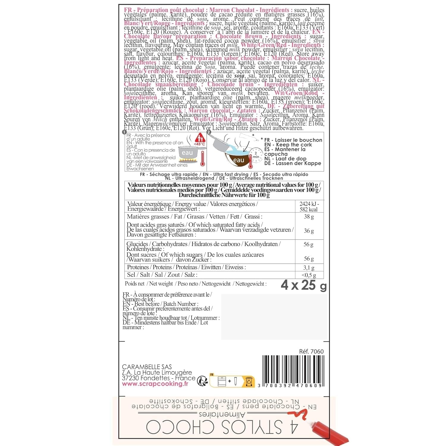 Scrapcooking - Juego de 4 Lápices de Colores Chocolate Navideño - Marrón, Blanco, Verde y Rojo - Colorante Comestible - Colorante Alimentario para Escribir - Escribir y Dibujar sobre Postres, Tartas y Galletas - 7060