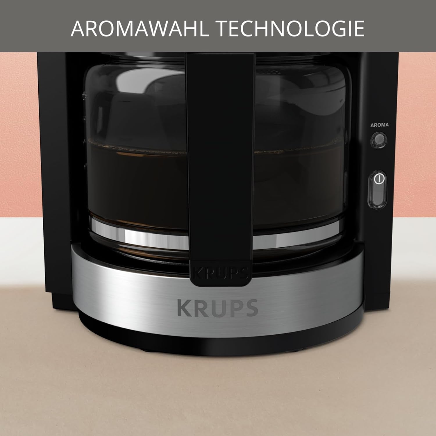 Krups KM3210 Pro Aroma Plus Cafetera espresso, 10 tazas, 1,25 L, Mantiene caliente 30 minutos, Ventana visible de nivel de agua, Sistema antigoteo, Negra con aplicaciones de acero inoxidable