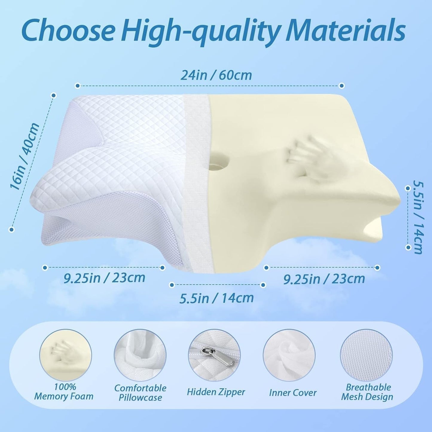 HOMCA Almohada Cervical Almohada Ortopédica Almohada Viscoelástica 2 en 1 Almohada de Soporte para el Cuello Almohada Ergonómica para la Cabeza para Dolores de Espalda, Laterales y Abdominales 60 X 13/11 X 40 cm Naty Shop Almohadas Ortopédicas Cervicales