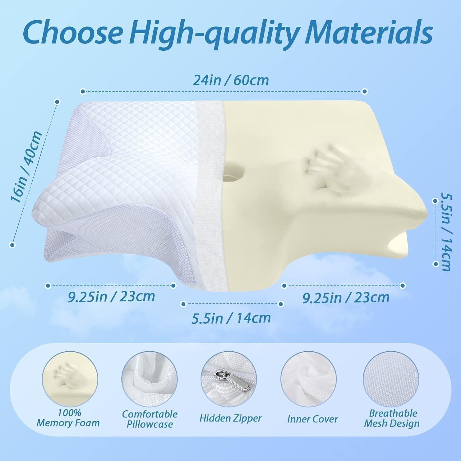HOMCA Almohada Cervical Almohada Ortopédica Almohada Viscoelástica 2 en 1 Almohada de Soporte para el Cuello Almohada Ergonómica para la Cabeza para Dolores de Espalda, Laterales y Abdominales 60 X 13/11 X 40 cm Naty Shop Almohadas Ortopédicas Cervicales