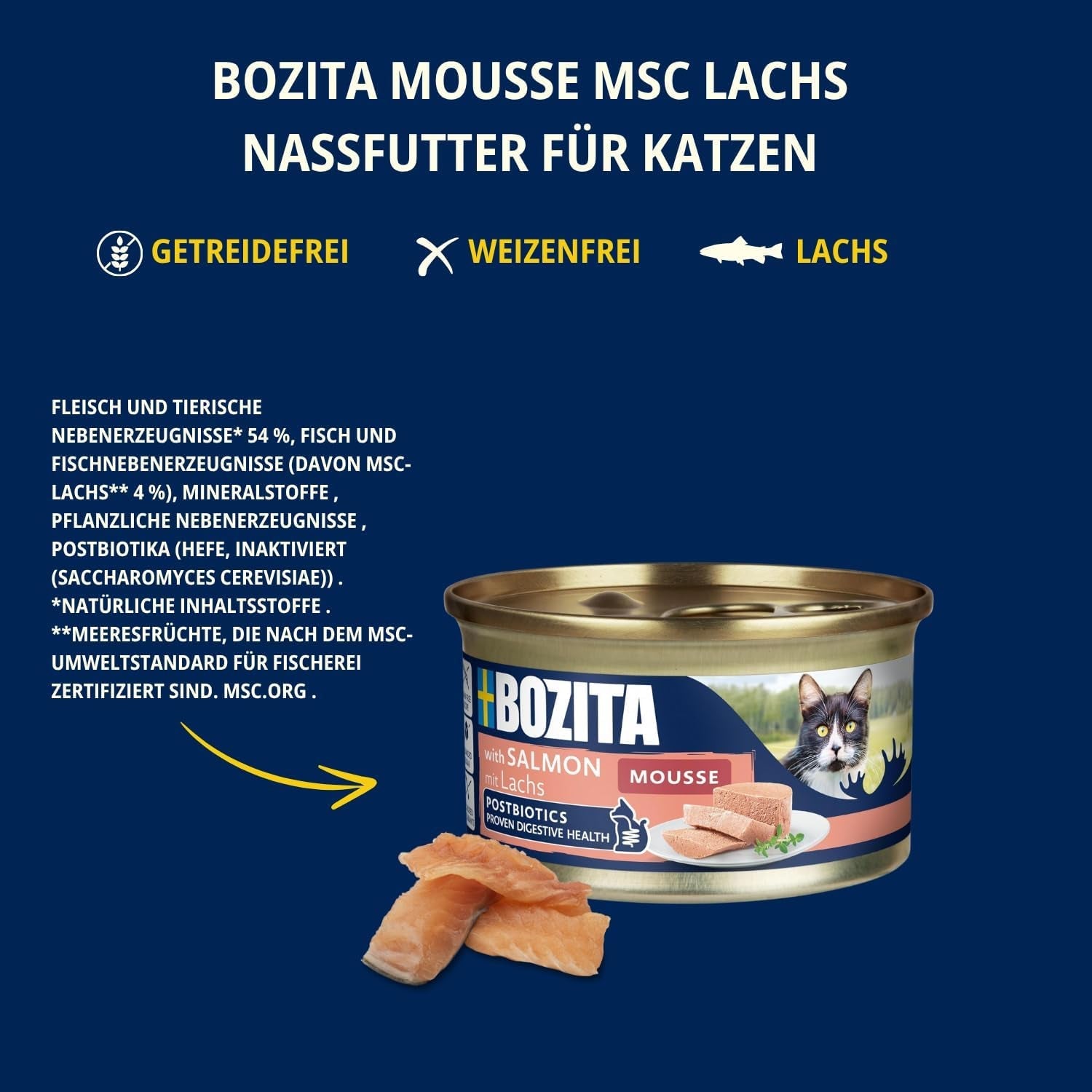 Bozita Mousse MSC Salmón - 12 x 85 g comida húmeda para gatos con textura fina de mousse y salmón - receta sin cereales, sin azúcares añadidos ni colorantes - con postbióticos para favorecer la flora intestinal