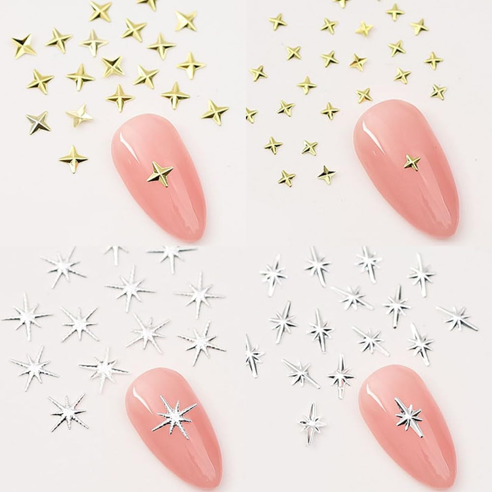 120 piezas de dijes de uñas de estrella dorada y plateada, uñas Y2K de estrella, dijes de uñas de estrella de metal, tamaños mixtos, tornillos para uñas, diseño de uñas de estrella, arte de uñas, dijes de estrellas 3D, decoración de uñas, dijes de uñas, accesorios para uñas