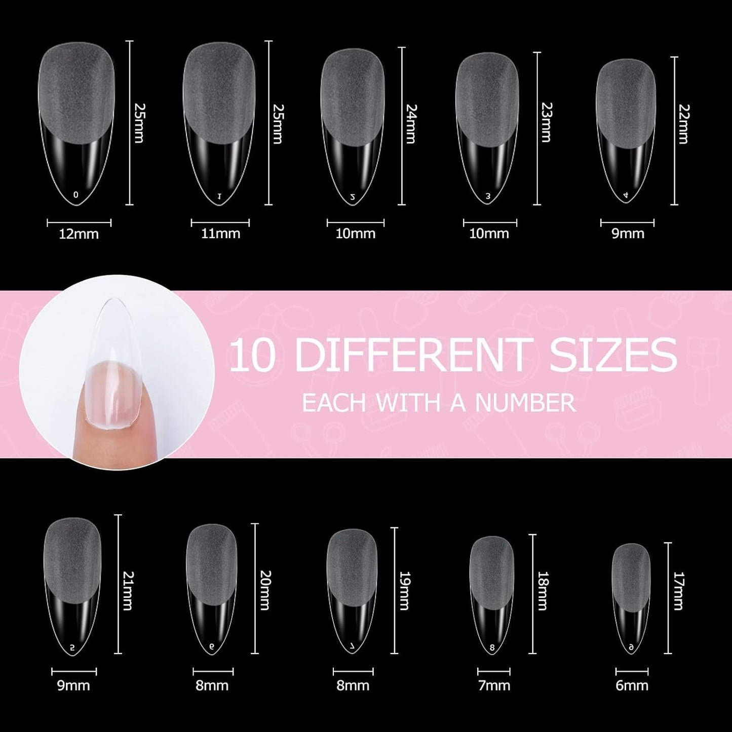 Tipos de uñas, 500 puntas de uñas postizas acrílicas artificiales con caja de almacenamiento para salones de uñas y arte de uñas en casa, 10 tamaños