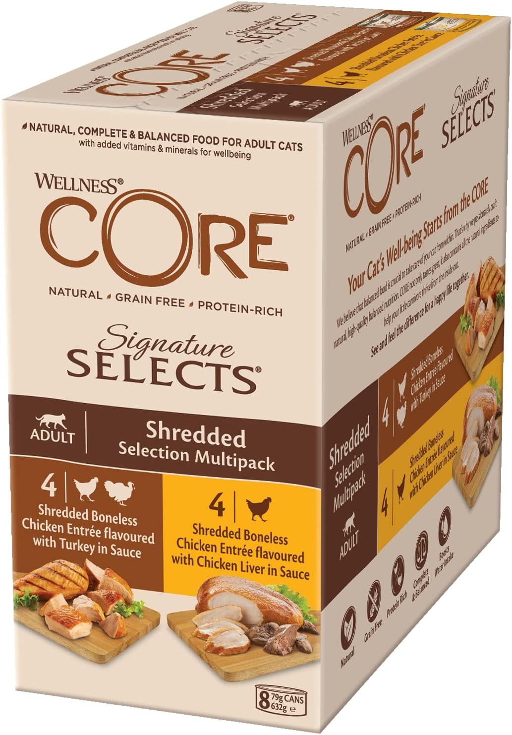 Wellness CORE Signature Selects 8 x 79 g, mezcla de pollo y pavo - Comida húmeda para gatos, deliciosas tiras en salsa, sin cereales, natural, hipoalergénica, alta en proteínas, alta en carne
