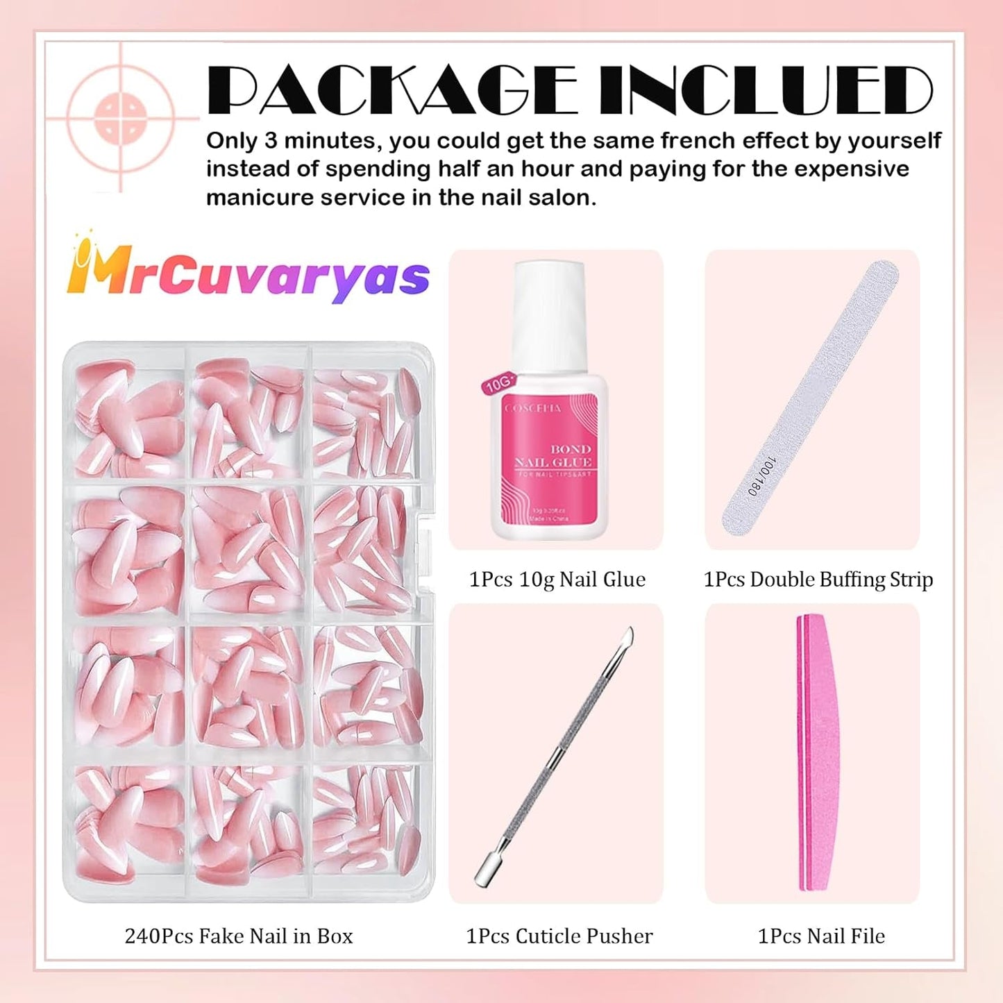 Juego de Uñas Postizas - 240 Piezas Uñas Postizas Francesas Pegamento - Diseño Degradado Blanco Rosa Uñas Artificiales Cubierta Completa Gel Suave Natural y Cómodo de Usar (Almendra Rosa)