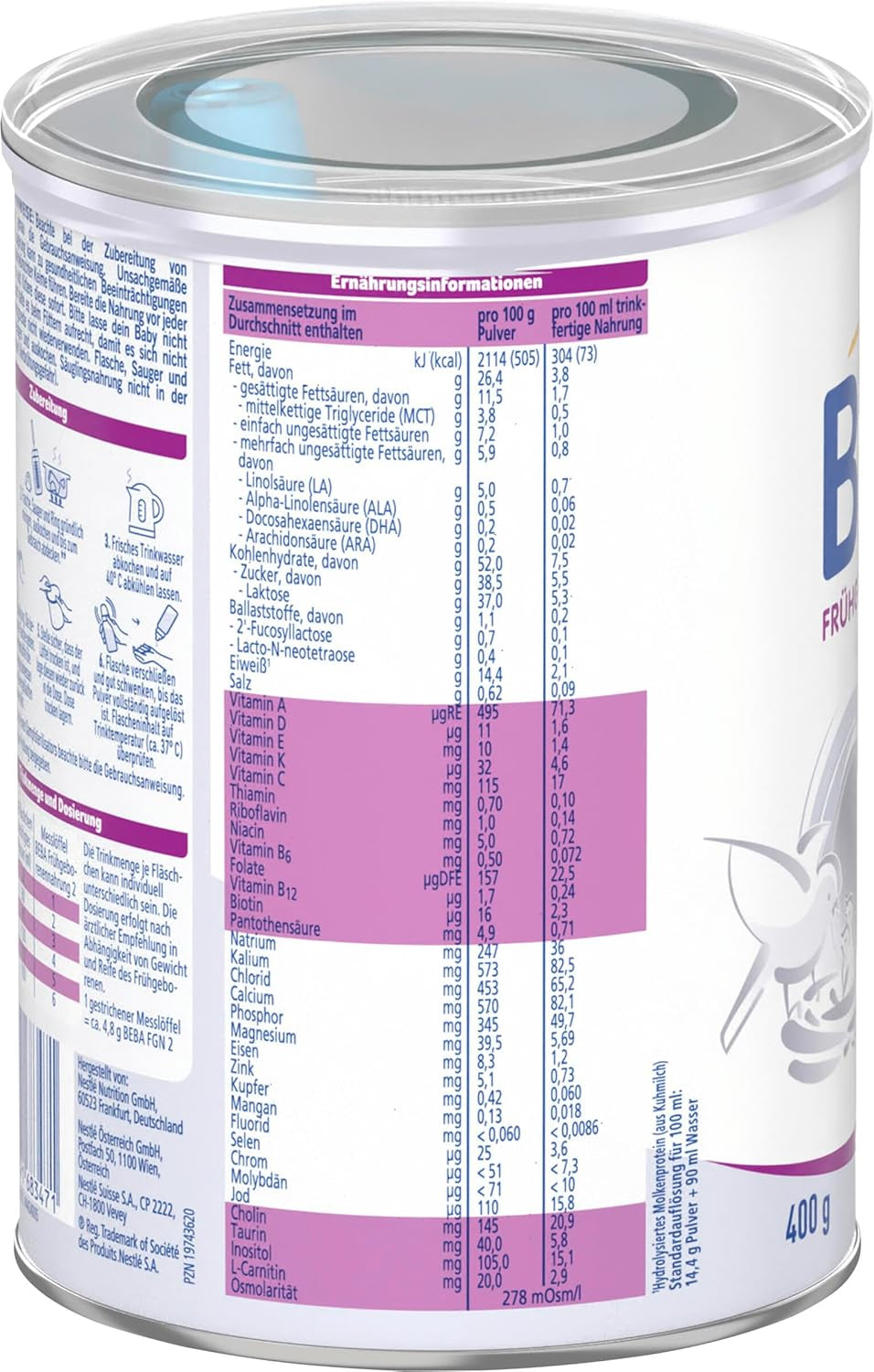 BEBA Fórmula para bebés prematuros etapa 2: bebés prematuros después del alta hospitalaria, alimentos para bebés, leche en polvo para bebés, 1 paquete (1 x 400 g)