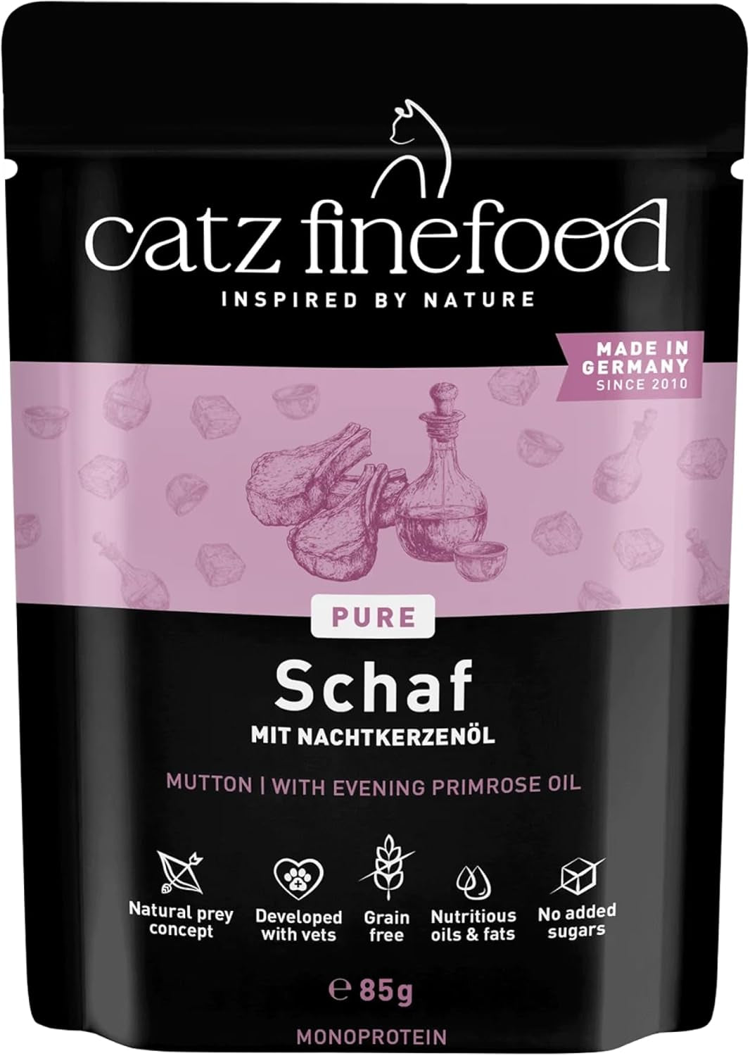 Comida húmeda para gatos Catz Finefood Purrrr Oveja Monoproteína núm. 113, para gatos con digestión sensible, 70% de contenido de carne, 16 sobres de 85 g cada uno