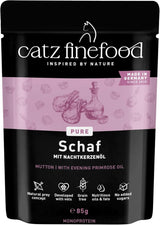 Comida húmeda para gatos Catz Finefood Purrrr Oveja Monoproteína núm. 113, para gatos con digestión sensible, 70% de contenido de carne, 16 sobres de 85 g cada uno