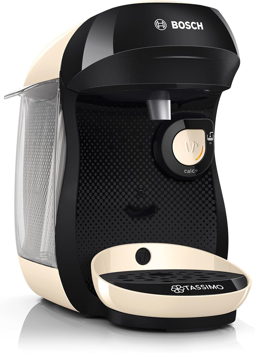 Bosch Tassimo Happy Friendly TAS107E Cafetera espresso de cápsulas, más de 70 bebidas, apta para todas las tazas, parada automática, sostenible, dosificación perfecta, ahorro de espacio, 1400 W, crema/negro