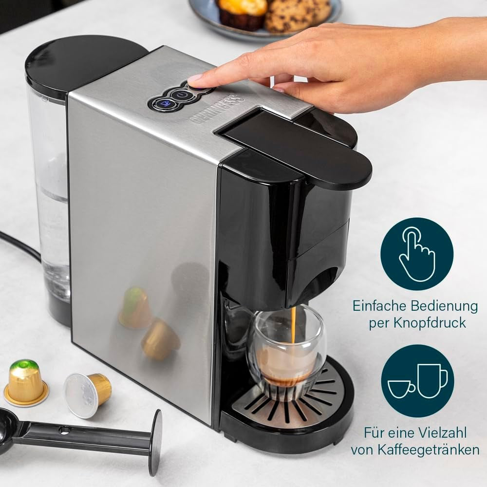 Cafetera espresso multicápsulas Princess 4 en 1 - 1450 vatios, cápsulas, monodosis, café molido, sin BPA, 249450, 01.249450.01.001, negra, plateada