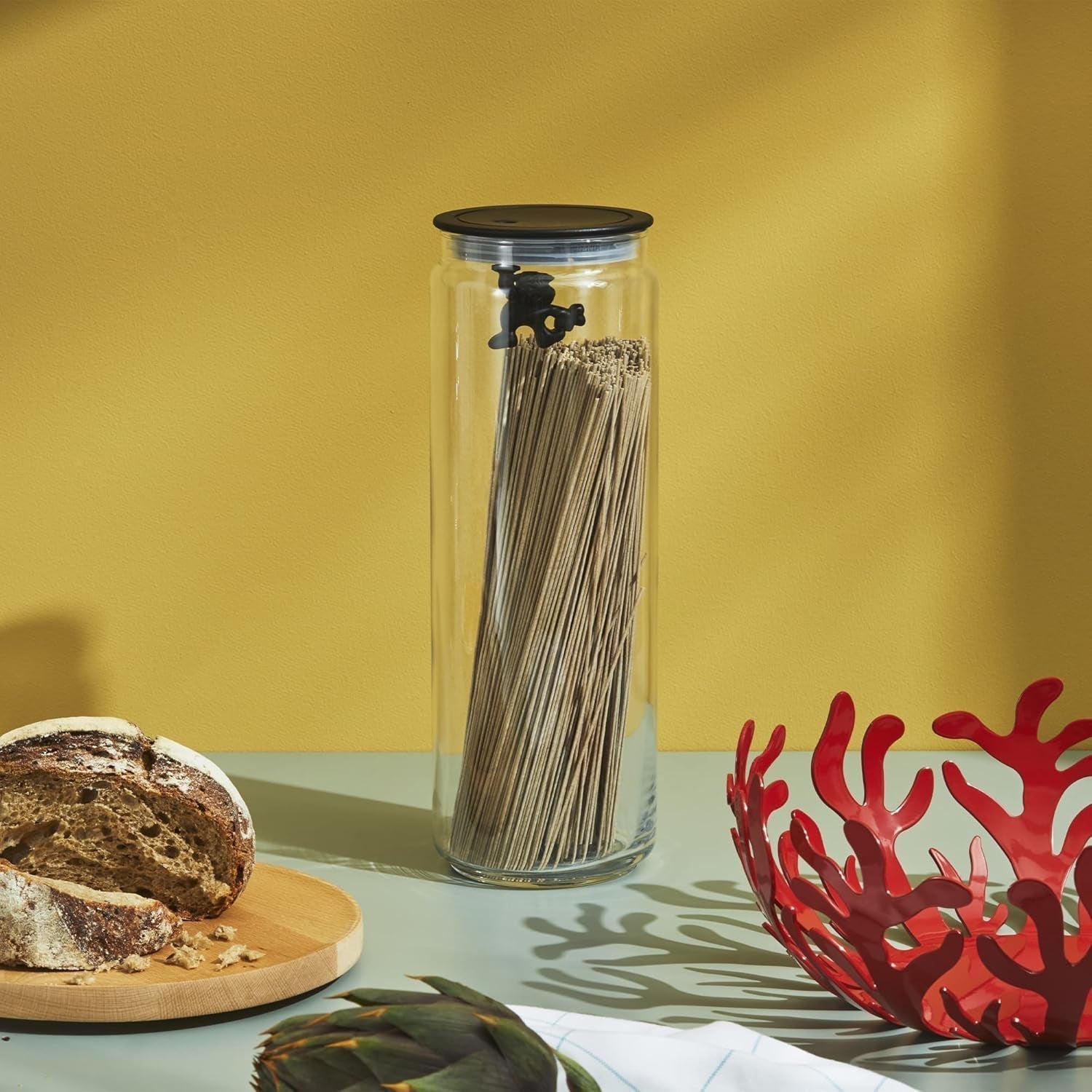 Alessi Tarro de cocina de cristal "Gianni" con tapa hermética, resina termoplástica, negro, 27,5 x 13,5 x 28 cm Cajas para conservar alimentos Naty Shop