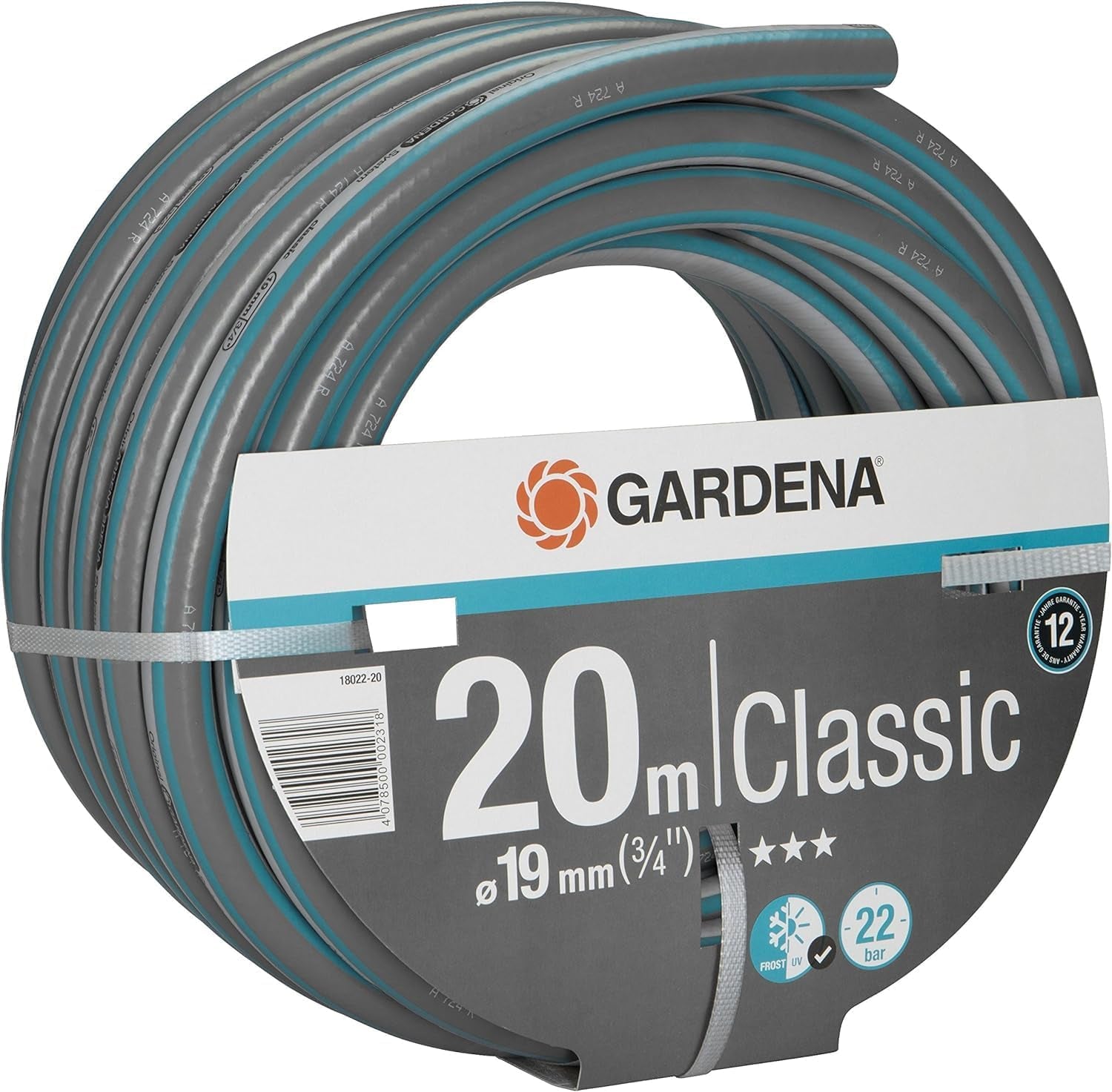Manguera Gardena Classic 19 mm (3/4"), 20 m: Manguera de jardín universal de tejido resistente, tejido cruzado, presión de estallido de 22 bar, resistente a los rayos UV, sin componentes del sistema, 12 años de garantía (18022-20)