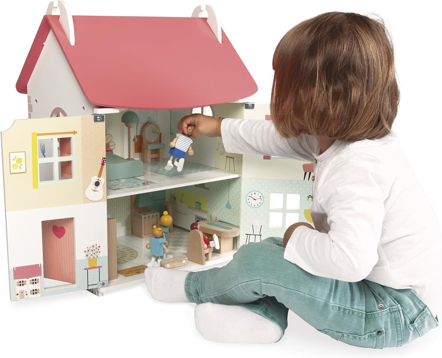 Janod - Mi primera casa de muñecas de madera - 10 accesorios - Muebles para muñecas - Puertas magnéticas y techo desmontable - Juguete de madera certificado FSC - A partir de 3 años