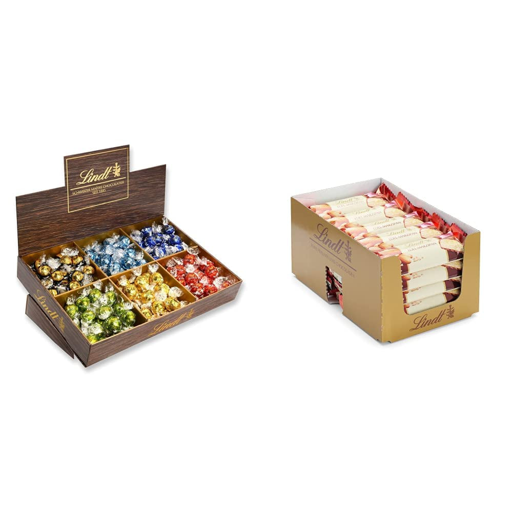 Presentación Top Chocolate Lindor | 1718 g y barras de chocolate con mazapán | 25 barras x 50g en expositor de mostrador | 1250 gramos | Mazapán puro cubierto de chocolate negro | barras de chocolate