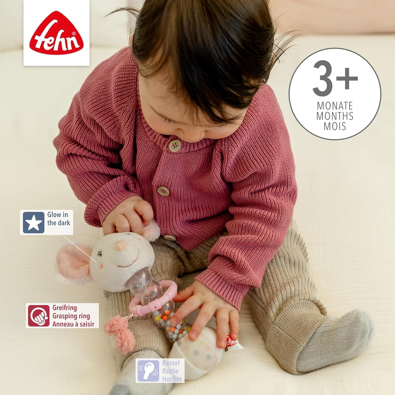 Ratón hace lluvia Fehn - juguete de motricidad con cascabel para agarrar y hacer ruidos - el palo de cascabel estimula de forma lúdica los sentidos y la motricidad - para bebés y niños pequeños a partir de 0 meses Baby Toys Naty Shop