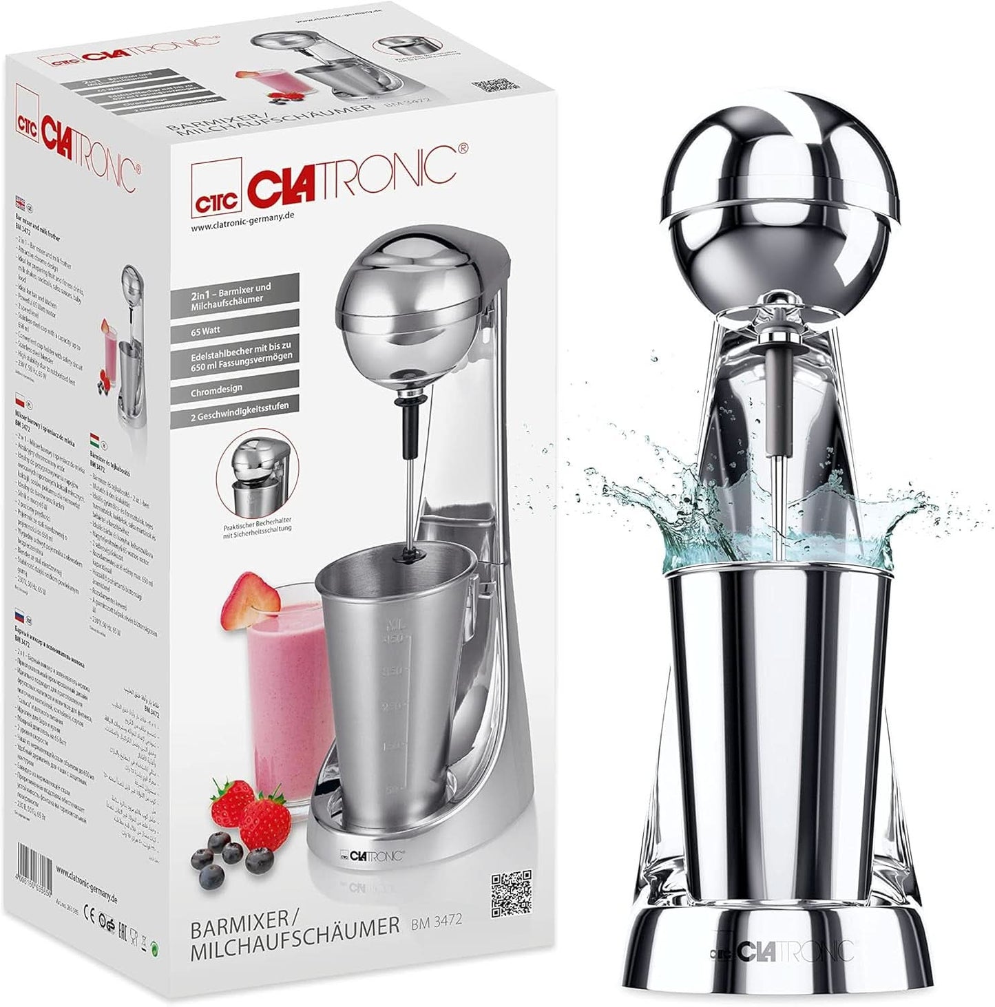 Clatronic® Barmixer U. Milchaufschäumer | Batidora | 650Ml Edelstahlbehälter | Praktischer Becherhalter | Mezclador | 2 Geschwindigkeitsstufen | Motor Kraftvöller de 65 vatios | Cromodesgin | BM 3472 Cocina Tienda Naty