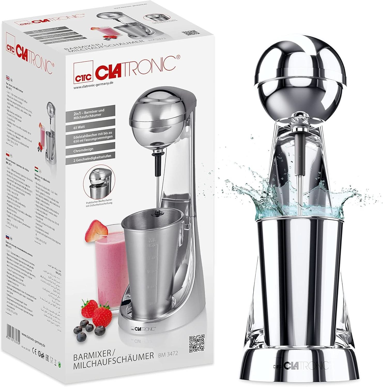 Clatronic® Barmixer U. Milchaufschäumer | Batidora | 650Ml Edelstahlbehälter | Praktischer Becherhalter | Mezclador | 2 Geschwindigkeitsstufen | Motor Kraftvöller de 65 vatios | Cromodesgin | BM 3472 Cocina Tienda Naty
