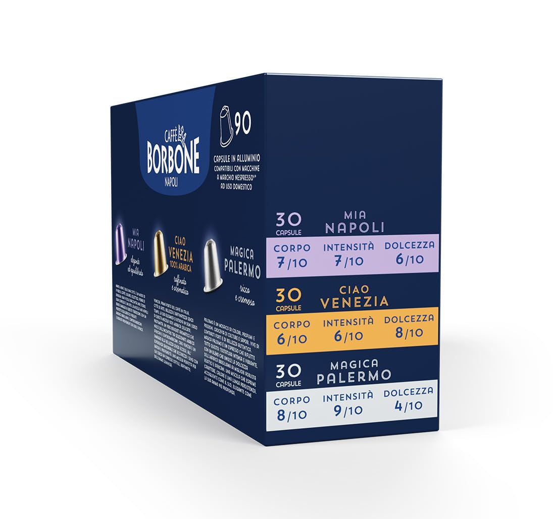 Caffè Borbone Verkostung Kit, 90 Cápsulas de Aluminio: 30 Mia Napoli, 30 Ciao Venezia, 30 Magica Palermo, (3 x 30 Stück) – Compatible con Kaffeemaschinen für den Hausgebrauch de la marca Nespresso®*