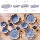 Juego de vajilla de gres vintage Azure para 6 - 24 piezas - Rayas blancas y azules, superficie en relieve - Apto para lavavajillas, horno y microondas