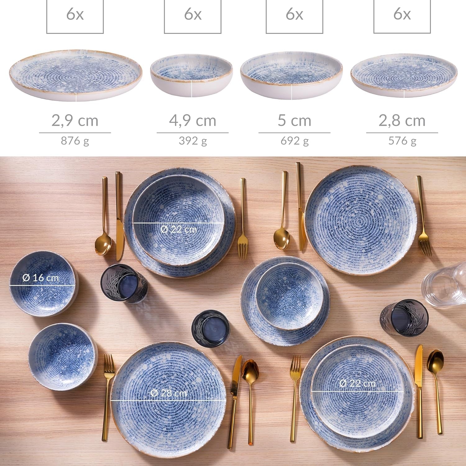 Juego de vajilla de gres vintage Azure para 6 - 24 piezas - Rayas blancas y azules, superficie en relieve - Apto para lavavajillas, horno y microondas