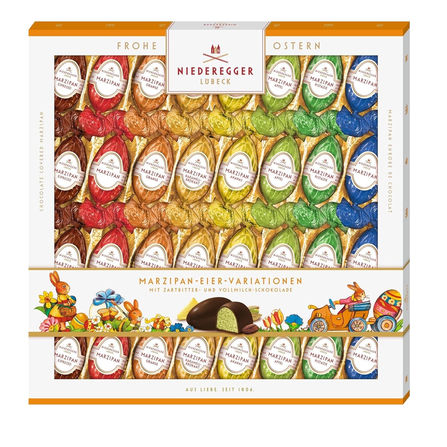 Niederegger | Huevos de mazapán | 1 x 400g | Variantes: Clásico, Chocolate con Leche, Naranja, Caramelo Crujiente, Piña, Manzana, Espresso y Pistacho | Cubierto de chocolate negro y con leche | regalo de pascua