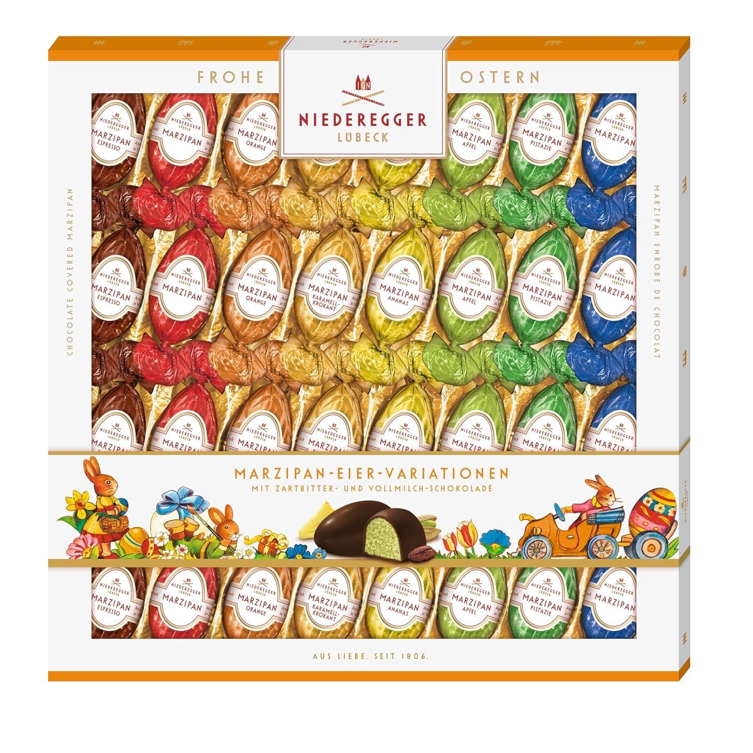 Niederegger | Huevos de mazapán | 1 x 400g | Variantes: Clásico, Chocolate con Leche, Naranja, Caramelo Crujiente, Piña, Manzana, Espresso y Pistacho | Cubierto de chocolate negro y con leche | regalo de pascua