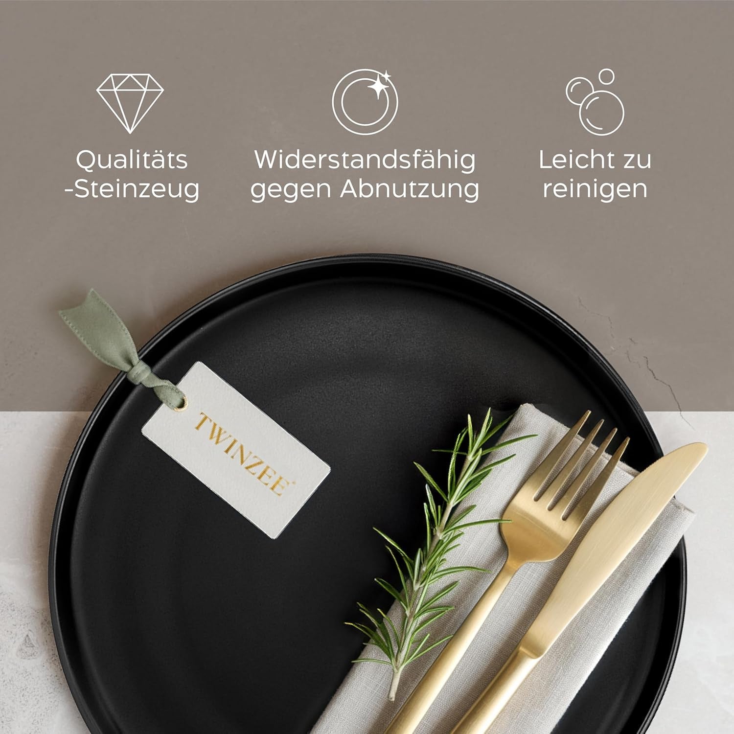 Juego de platos de gres para 6 - Negro mate Juego de 6 piezas Platos grandes aptos para microondas Diseño elegante - Colección Twinzee Ebony