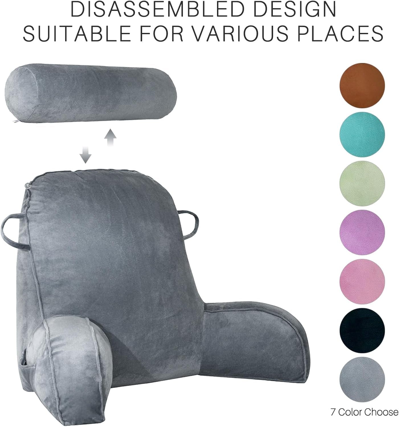 Almohada de lectura XL para cama y sofá con rollo para el cuello desmontable, almohada de espalda ideal para adultos con espuma viscoelástica para leer cómodamente, trabajar, jugar, mirar televisión, relajarse (gris)
