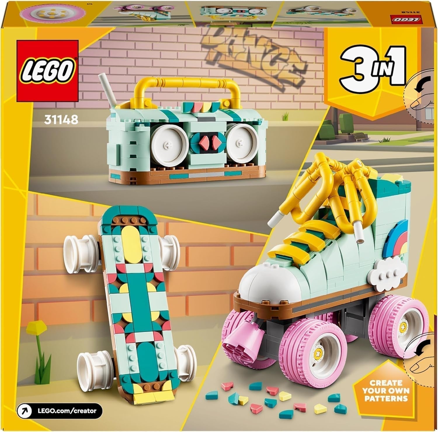 LEGO Creator Patín de Ruedas 3 en 1 para Niñas y Niños con Mini Patineta y Boombox, Decoración Retro para Dormitorio, Regalo de Cumpleaños para Niños de 8 Años 31148 Juegos de Construcción Besuche den LEGO-Store