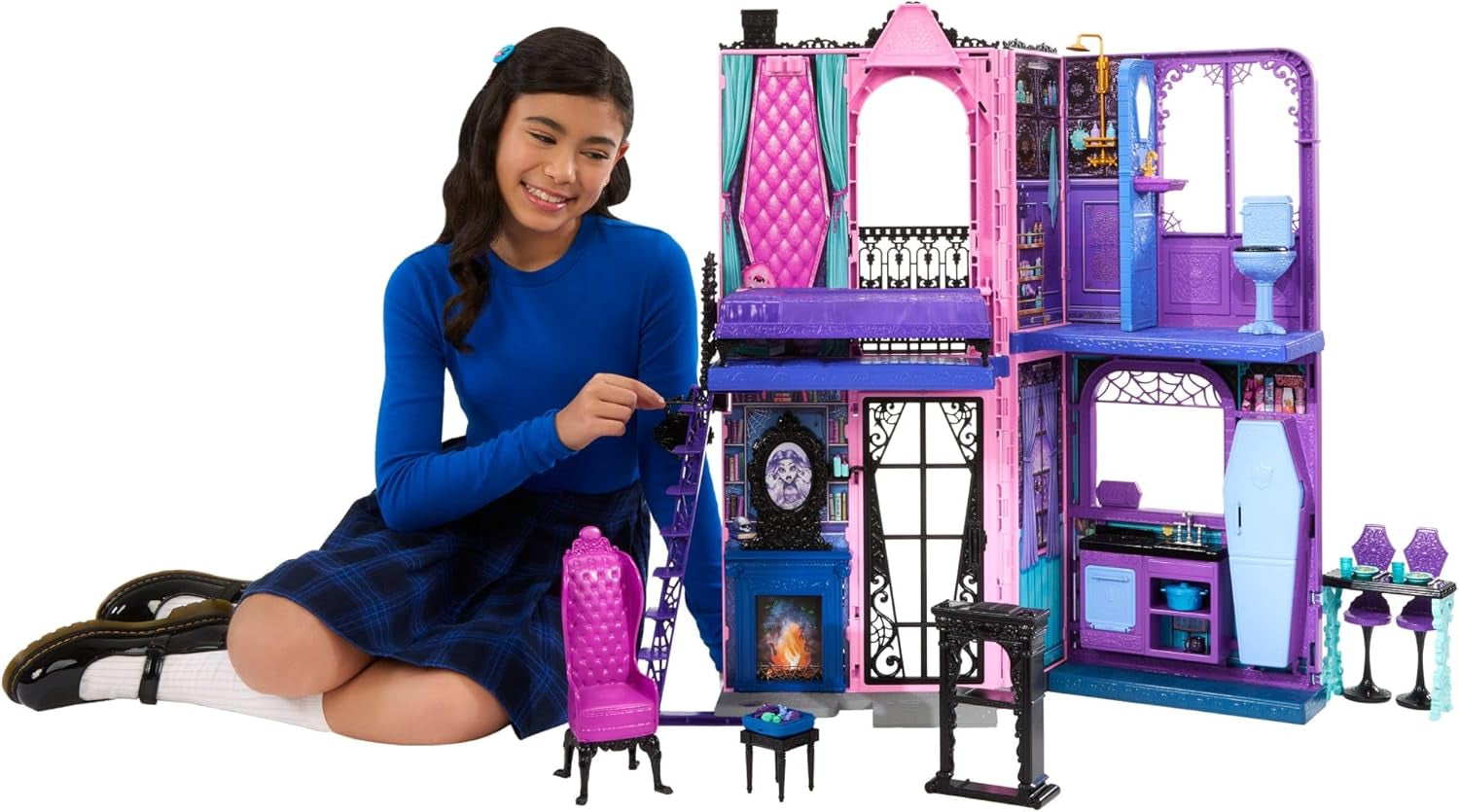 Casa de muñecas Monster High Buh-tique Hotel, juego plegable con sorpresas aterradoras en cada habitación y más de 13 juegos, incluidos muebles y accesorios, JBF16