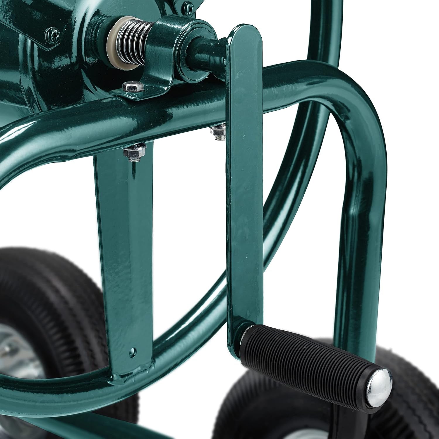Relaxdays Carro portamangueras, hasta 90 m, 4 neumáticos, acoplamiento de clic, enrollador de mangueras de metal, distribuidor de mangueras con cesta, verde