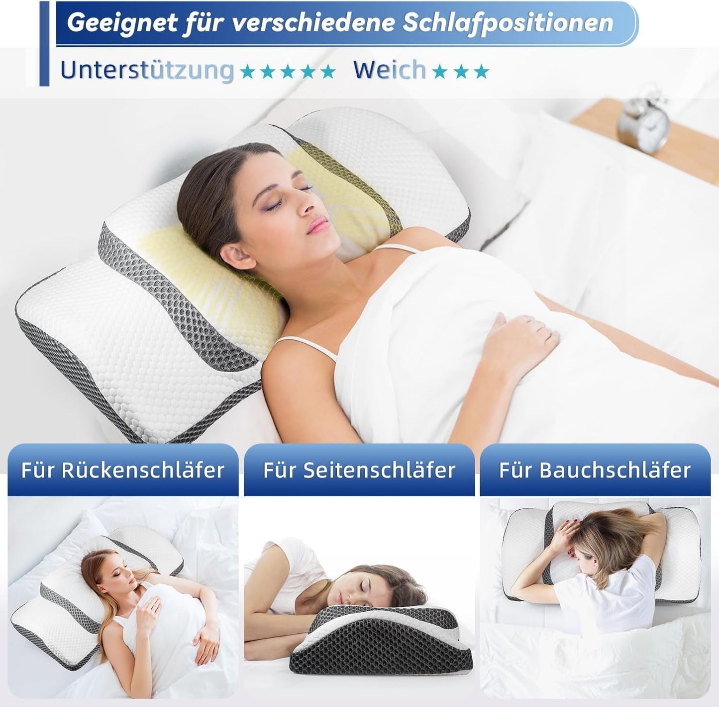 Almohada Ortopédica, Almohada Ergonómica para el Cuello, Almohada para la Cabeza, Original Almohada Viscoelástica para los Lados, Espalda y Abdomen, Almohada de Soporte para el Cuello para Hombres, Mujeres (67,3 X 38,2 X 13,8/3Cm) Almohadas Ortopédicas Cervicales Naty Shop