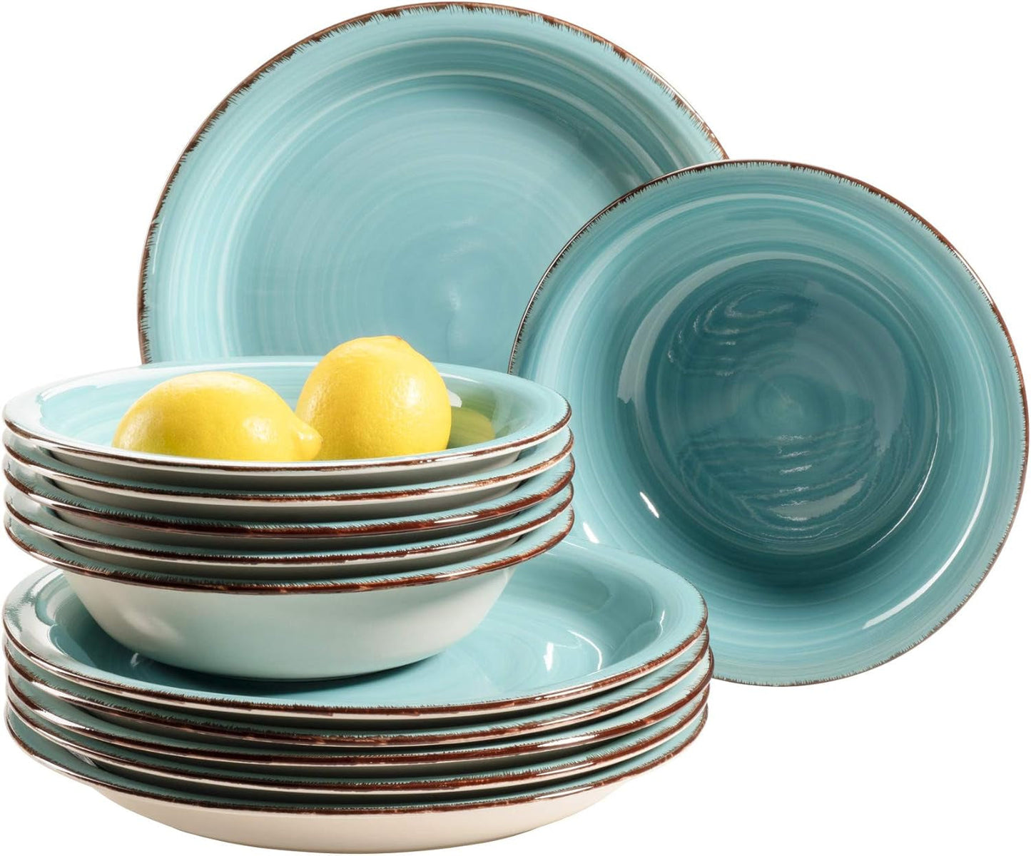 MÄSER Bel Tempo II Teller-Set für 6 Personen im modernen Vintage Look, 12-teiliges Tafelservice, handbemalt, Türkis, Steingut, 27 centímetros