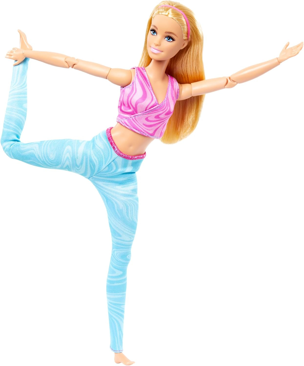 Muñeca Barbie hecha para moverse con cabello rubio, top deportivo rosa desmontable y pantalones de yoga azules, 22 articulaciones, HRH27, [Multicolor]