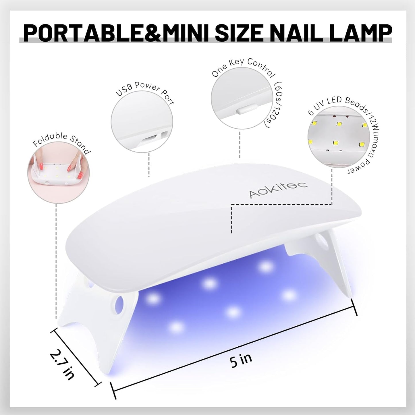 Aokitec Mini lámpara UV LED, lámpara de uñas de gel UV, secador de uñas portátil para todo tipo de esmalte de uñas de gel, herramienta de curado en forma de ratón, compacto, ligero con cable USB (blanco)