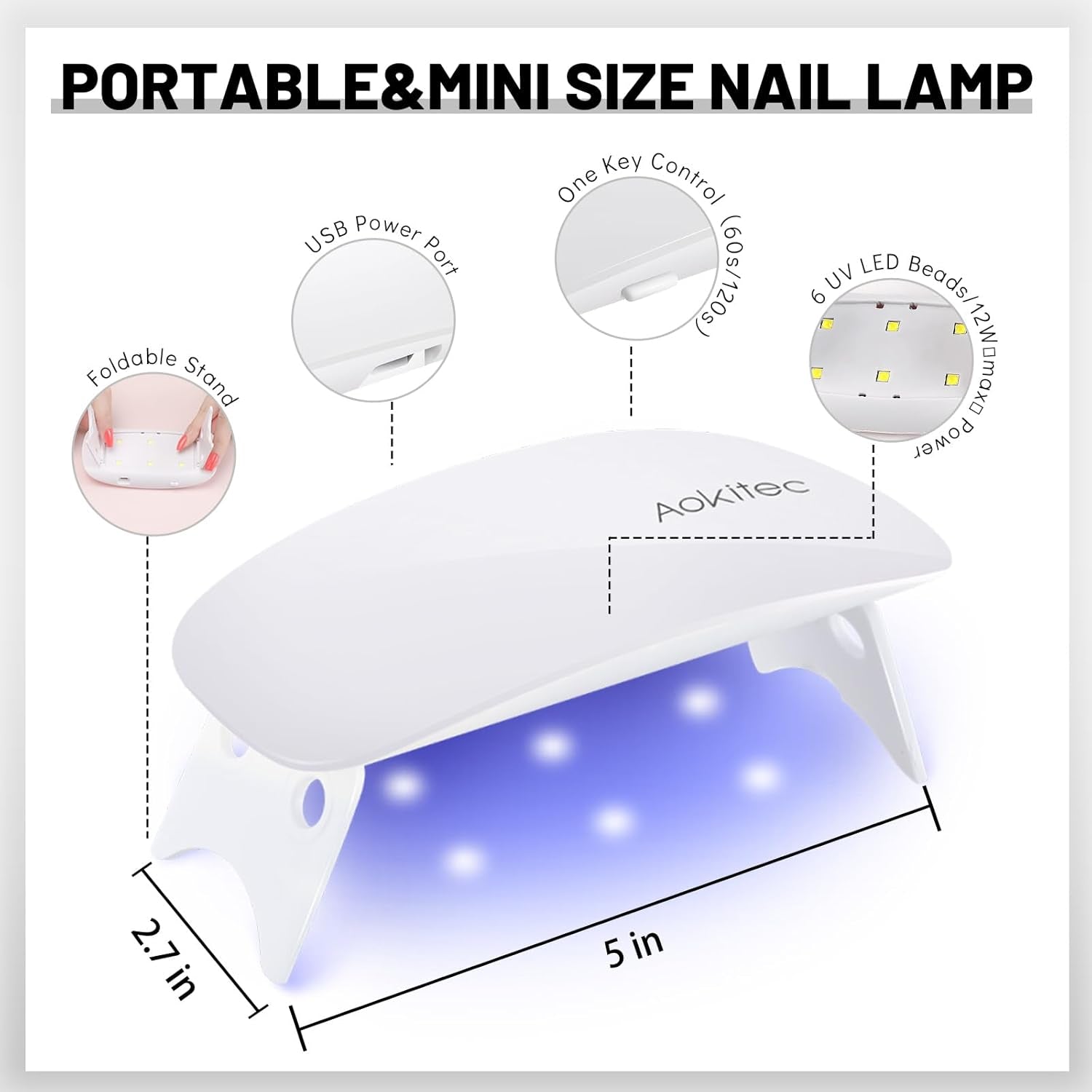 Aokitec Mini lámpara UV LED, lámpara de uñas de gel UV, secador de uñas portátil para todo tipo de esmalte de uñas de gel, herramienta de curado en forma de ratón, compacto, ligero con cable USB (blanco)