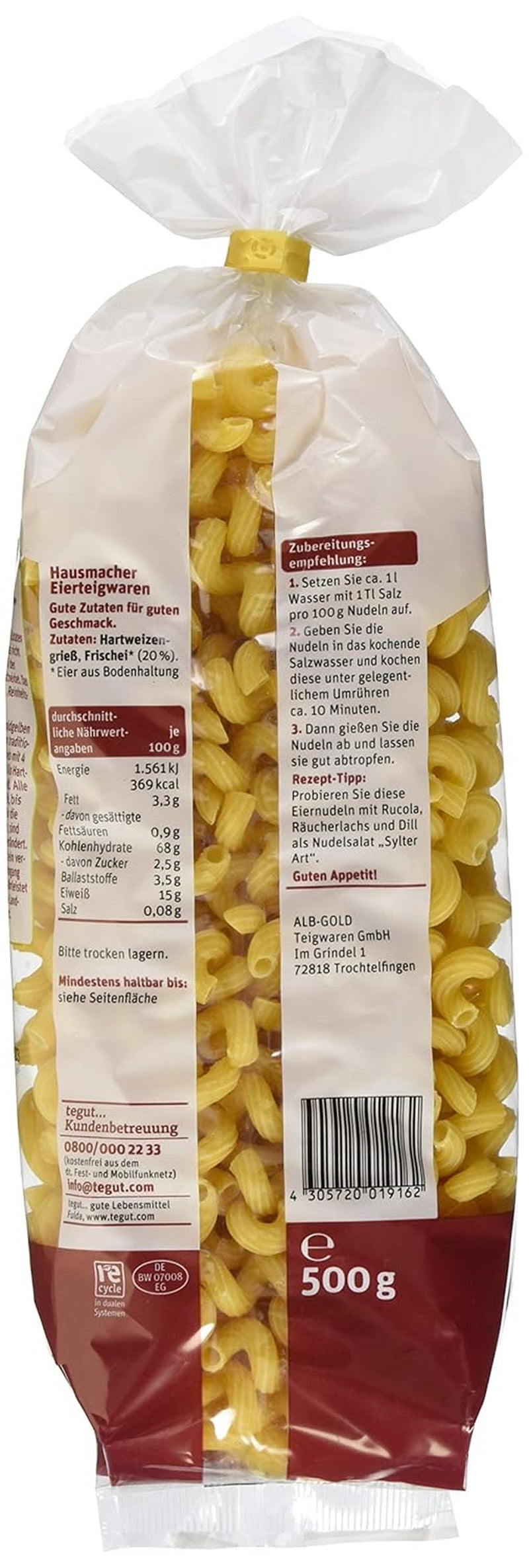 tegut... Fideos con huevo, sacacorchos, 1 x 500 g