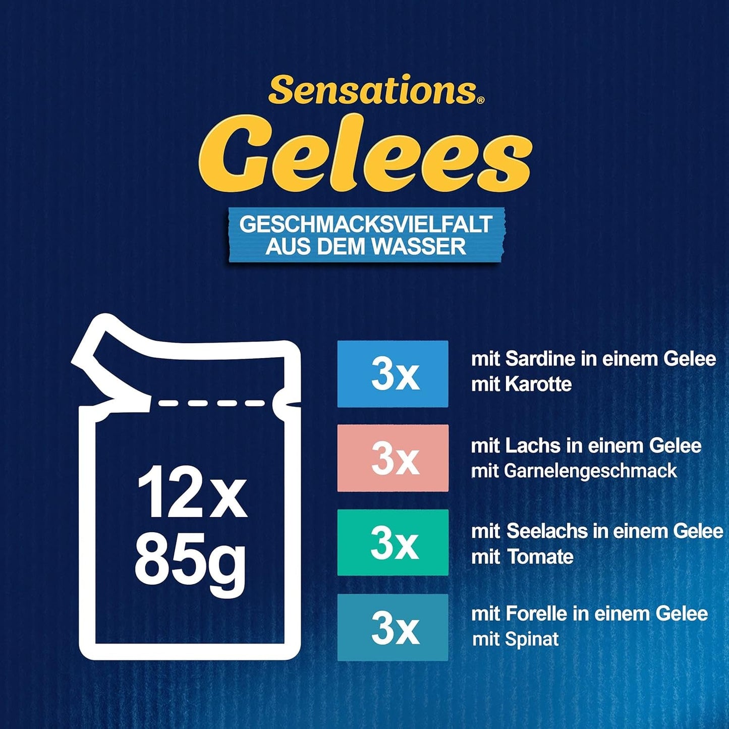 Felix Sensations Comida húmeda para gatos en gelatina, mezcla de pescado variada, paquete de 6 (6 x 12 sobres de 85 g cada uno)