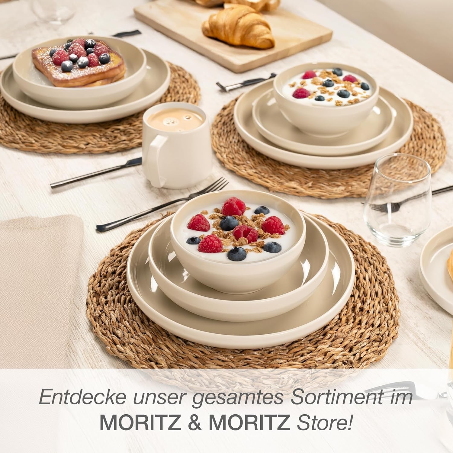 Moritz & Moritz CAVO vajilla de gres para 12 personas, 36 piezas - Moderno servicio de mesa en color arena - Juego combinado de fácil cuidado con platos y cuencos - Servicio de café